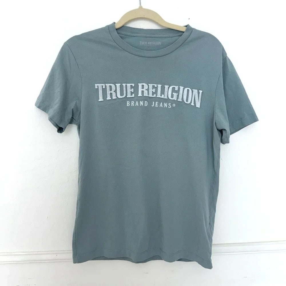 True Religion‎ Mens Short Sleeve Graphic Logo T-Shirt Sage Green Blue Small
